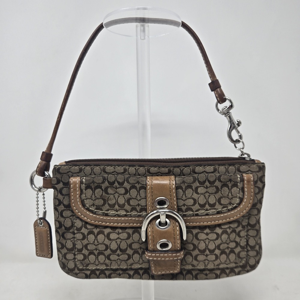 Coach Brown Signature Mini C Canvas Leather Trim Wristlet Buckle Pocket Wallet